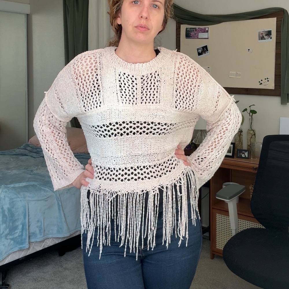Fate Cream Open Knit Fringe Sweater Boho Crochet Crew Neck Small NWT